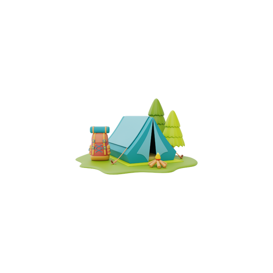 Animatie foto van een tent in de natuur met een backpack om de camping sweer aan te duiden.