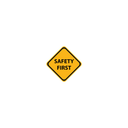 Animatie foto van een geel ruit-bord waar op staat: Safety First